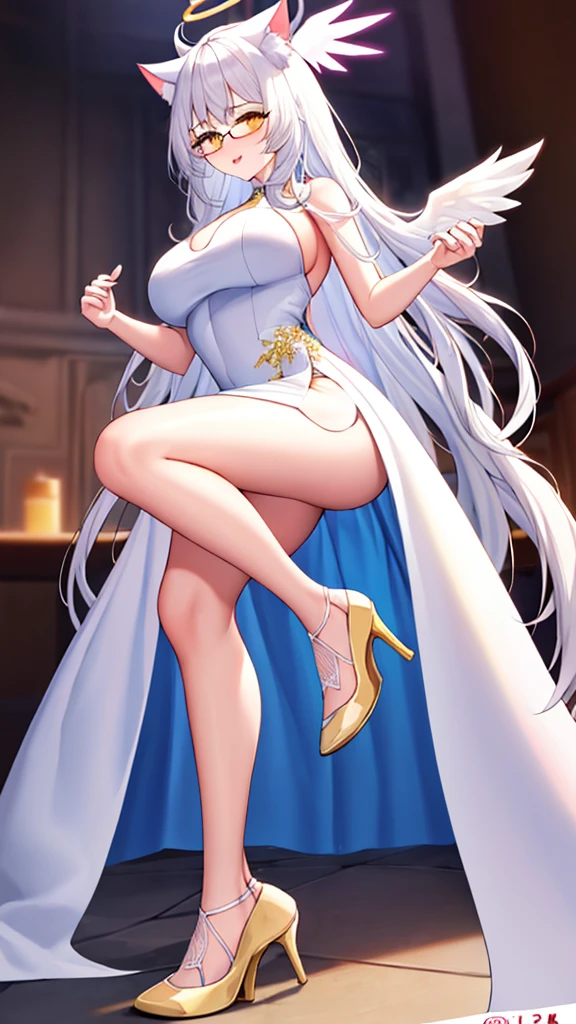 An 18 year old female angel with long, white hair, yellow eyes, white cat ears, and large white angel wings. yellow halo ring round white glasses (White evening dress, long skirt around the legs, cut on both sides of the bottom, sexy) hand touching lips, standing