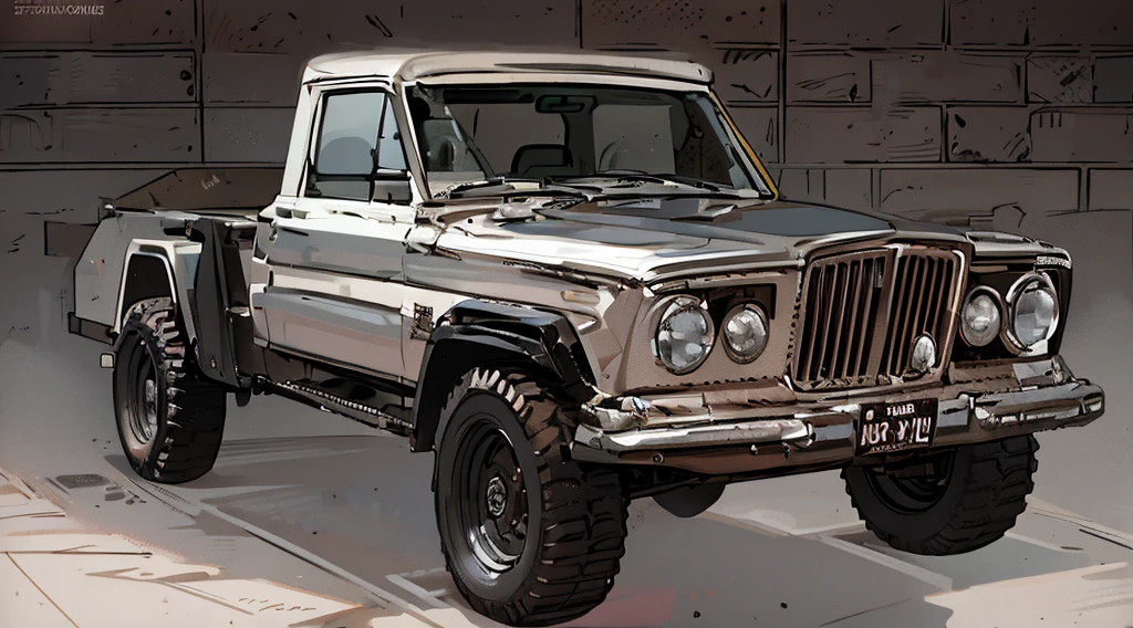 ((Best Quality)), ((masterpiece)), Highly detailed, 8K, heavily armored red 6x6 heavy pickup truck 1970 Jeep Gladiator, 6-wheels, bulky boxy form, red dirty matte paint, large square headlights, boxy angles, boxy 80s design, square headlights, (peterbilt influence:0.7), bright showroom, plain mesa background, cel-shaded, line art, bold black outlines, comic style, inkpunk, bright photoshoot lighting, ((isometric symmetry:1.2))