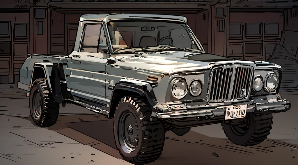 ((Best Quality)), ((masterpiece)), Highly detailed, 8K, heavily armored red 6x6 heavy pickup truck 1970 Jeep Gladiator, 6-wheels, bulky boxy form, red dirty matte paint, large square headlights, boxy angles, boxy 80s design, square headlights, (peterbilt influence:0.7), bright showroom, plain mesa background, cel-shaded, line art, bold black outlines, comic style, inkpunk, bright photoshoot lighting, ((isometric symmetry:1.2))