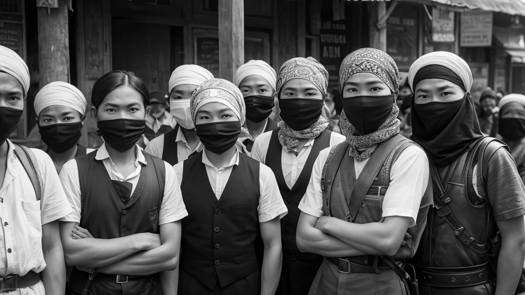 1930s, monochrome photography, A group of terrorists in Southeast Asia, mouth and nose covered with a bandana, Group photo, 32K, Best quality, Masterpiece, super detail, High Details,
