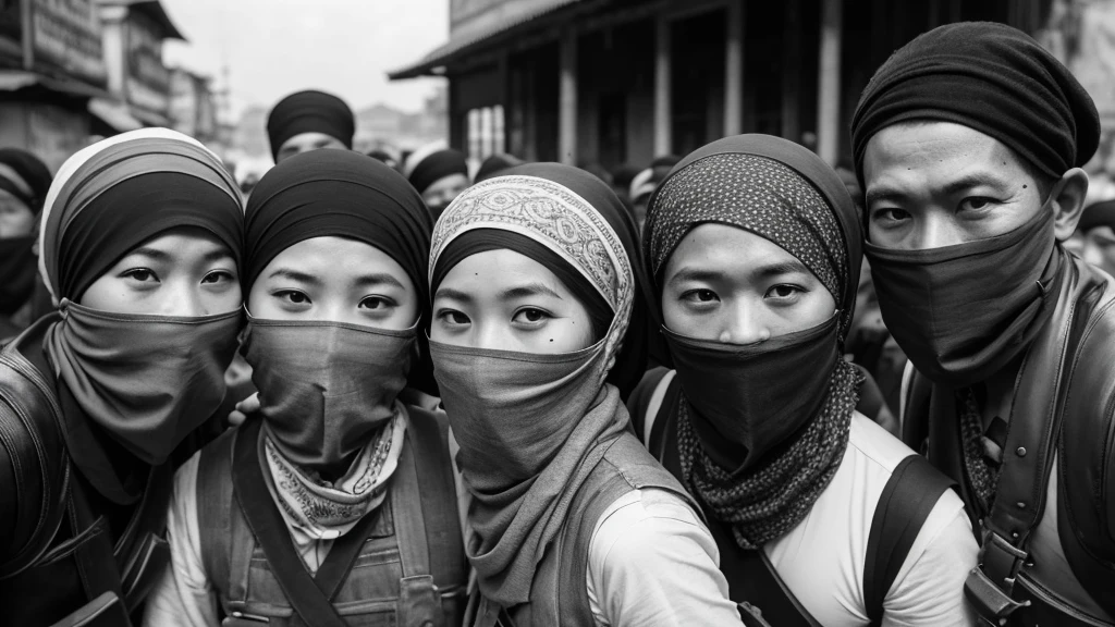 1930s, monochrome photography, A group of terrorists in Southeast Asia, mouth and nose covered with a bandana, Group photo, 32K, Best quality, Masterpiece, super detail, High Details,