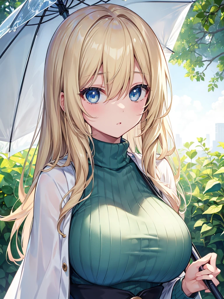 One Girl、Long blonde、Hair between the eyes、blue eyes、Big Breasts、Green Turtleneck Sweater、White Cape、Holding an umbrella、it's raining、Hydrangea、snails、The clothes are see-through、Wet Hair、Wet clothes、Watching the audience、