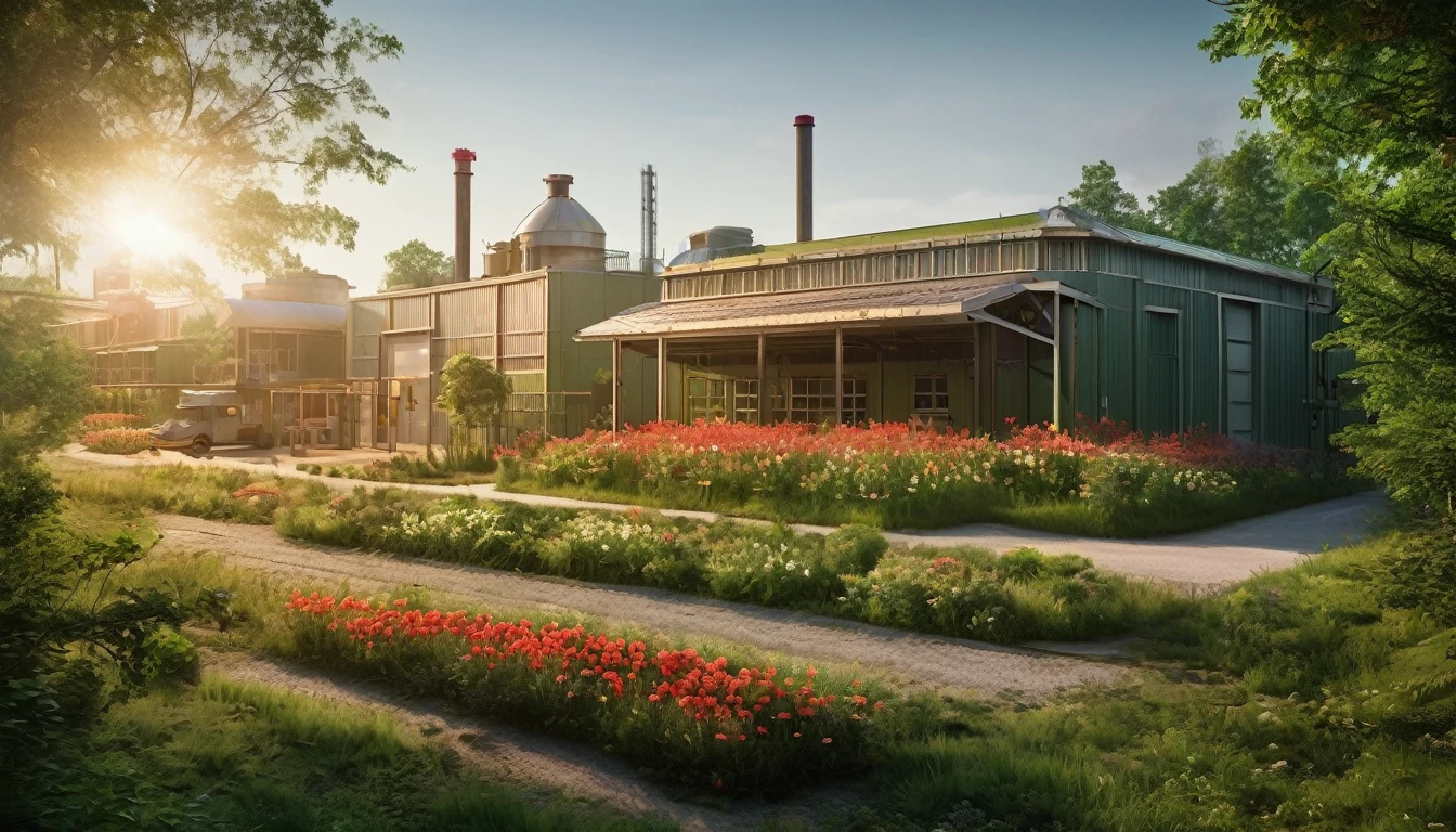 A high-quality photograph of a secluded small production facility located within a lush, green forest. The forest is filled with a vibrant array of thick trees, the production facility is surrounded by a flower field, creating a striking contrast against the green foliage. The flowers are divided into two sections one red another white flower and is diveded by a green meadow pathway, which leads directly to the facility. Surrounding the small building is a wire fence with a clear "No Trespassing" sign, adding an air of exclusivity. Various trucks and transport vehicles are parked nearby, hinting at the facility's industrial purpose. The setting sun casts a warm, golden glow across the scene, while the cinematic lighting enhances the ultra-realistic atmosphere.