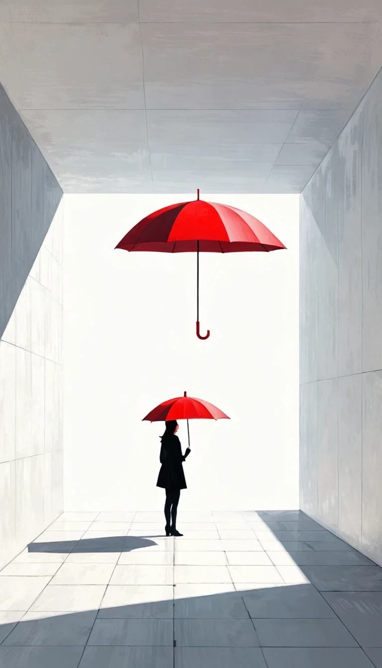 simple,Minimalist illustration,geometry,cube,Light and Shadow,One red umbrella,solitary figure,The Art of Blank Space,