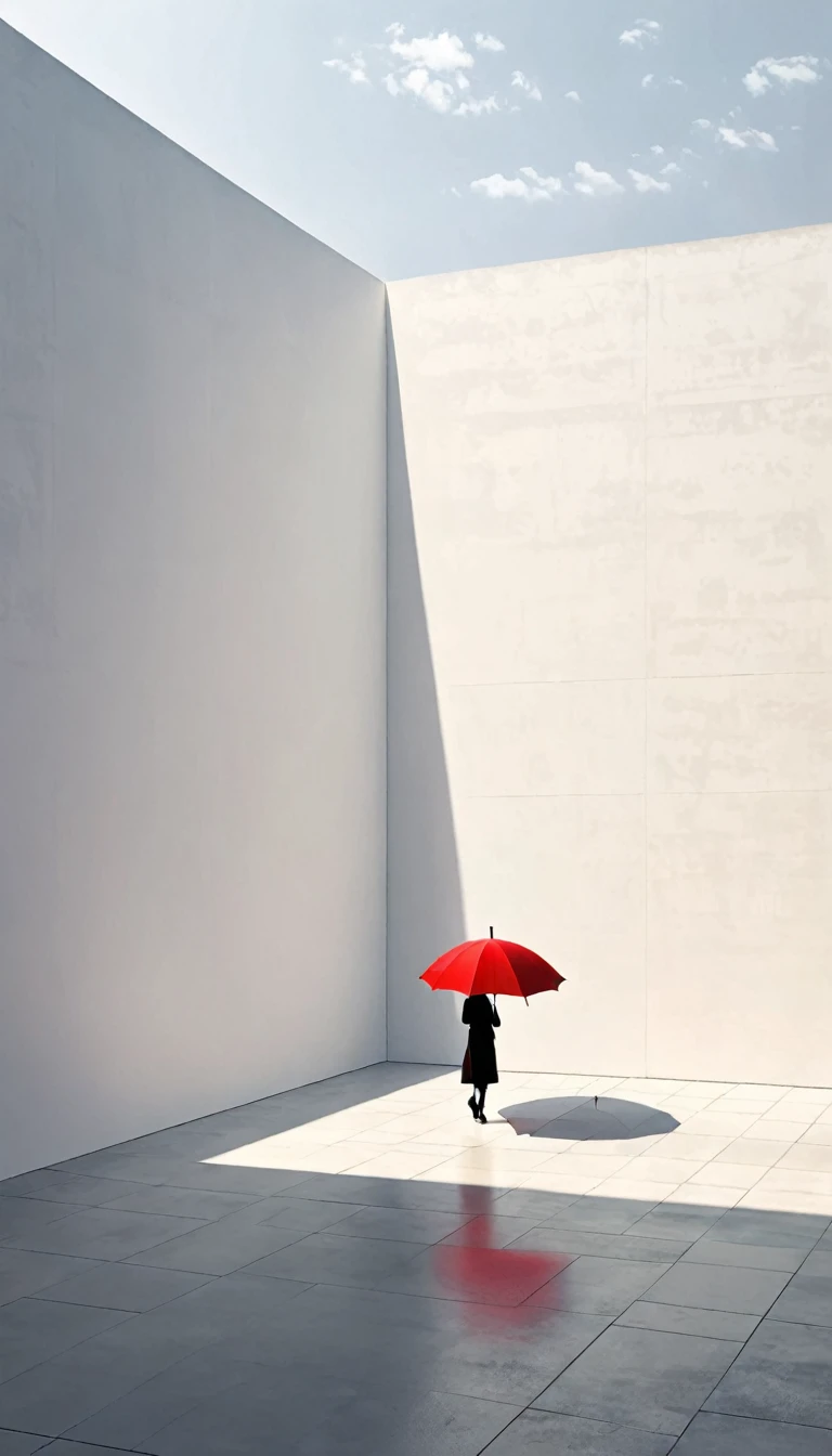 simple,Minimalist illustration,geometry,cube,Light and Shadow,One red umbrella,solitary figure,The Art of Blank Space,