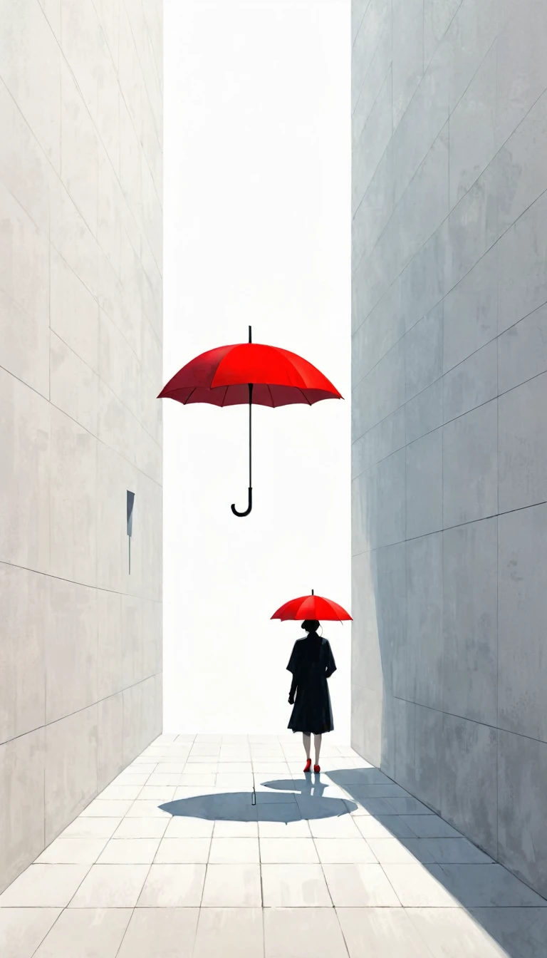 simple，Minimalist illustration，geometry，cube，Light and Shadow，One red umbrella，solitary figure，The Art of Blank Space，