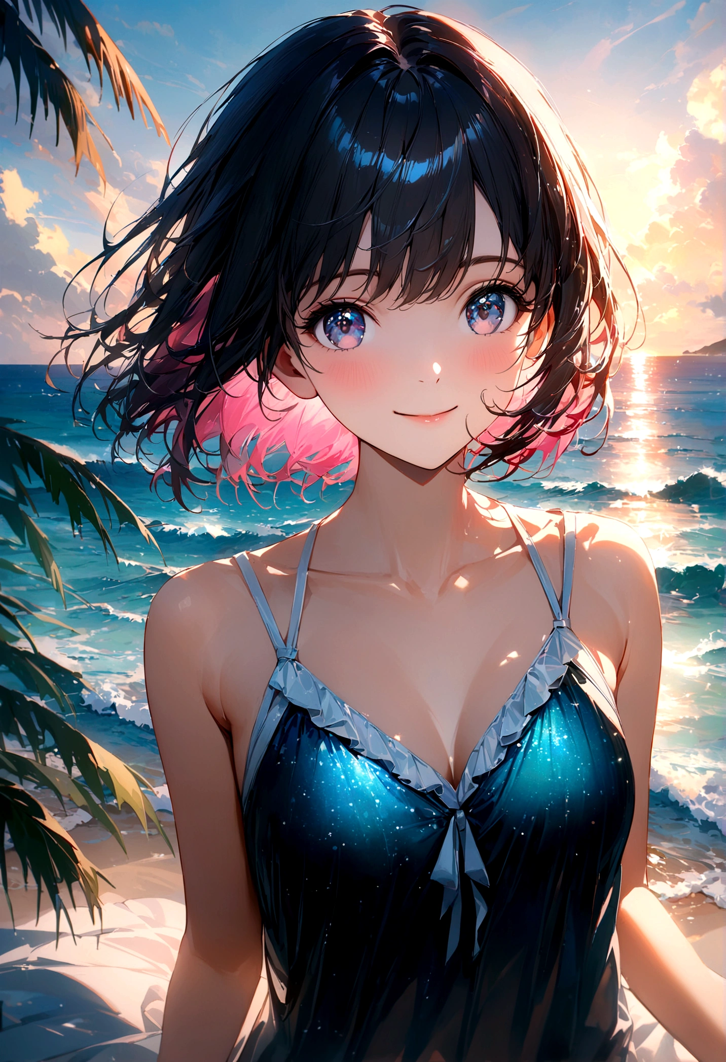 Sparkling sea and tropical ocean, Sunny sky with fluffy white clouds, Palm trees along the coast, Blur the background,Pleasant sea breeze,high school girl,Swimwear,short hair,smile,Glitter effect,Highest quality, 4K, 8K, High resolution, masterpiece:1.2, Very detailed, Realistic:1.37, High resolution, 超High resolution, Ultra-fine painting, Sharp focus, Physically Based Rendering, Very detailedな説明, Professional, Vibrant colors