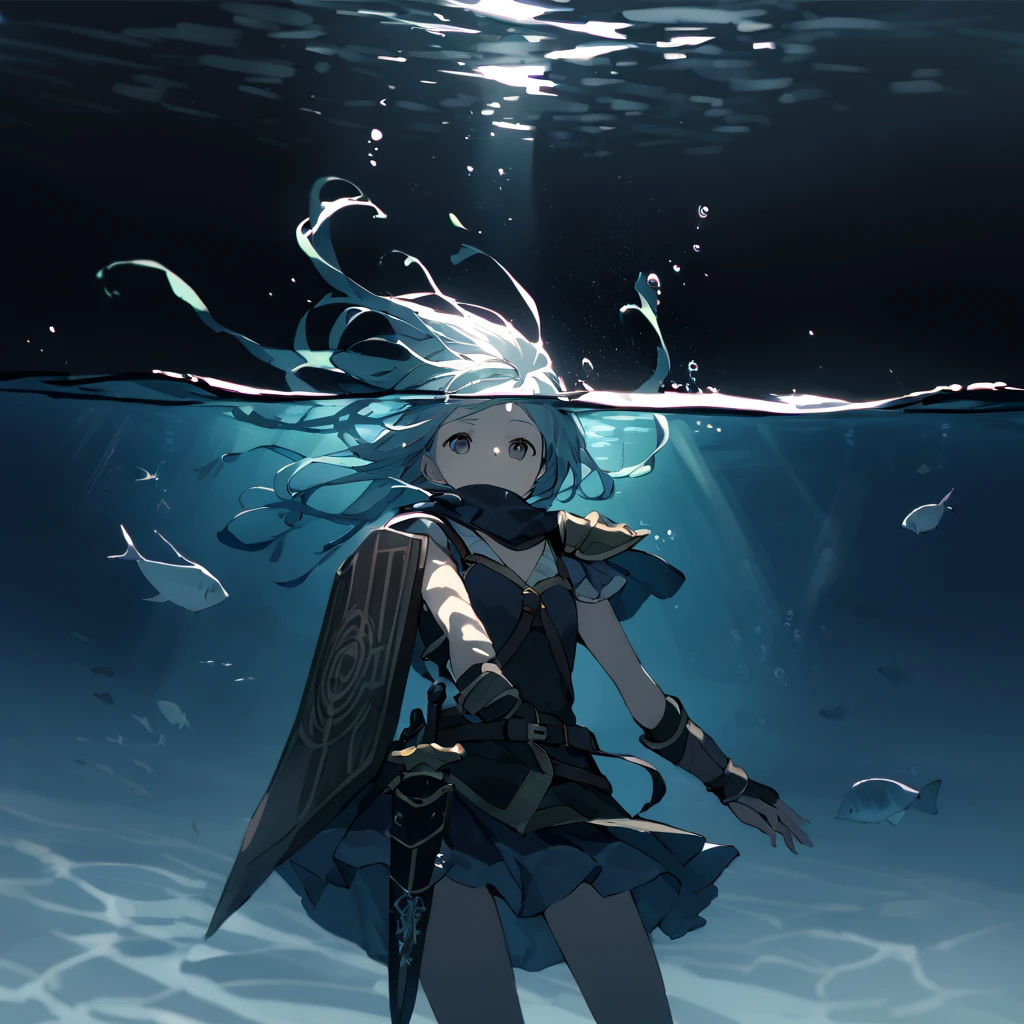 最high quality、high quality、Simple cloth armor、8--old、enturer、Flat Chest、Pitch-dark underground labyrinth、No light、skirt、Equipped with a dagger and a shield、Face above water、Body in water, Underwater Photography、浮力でskirt捲れる