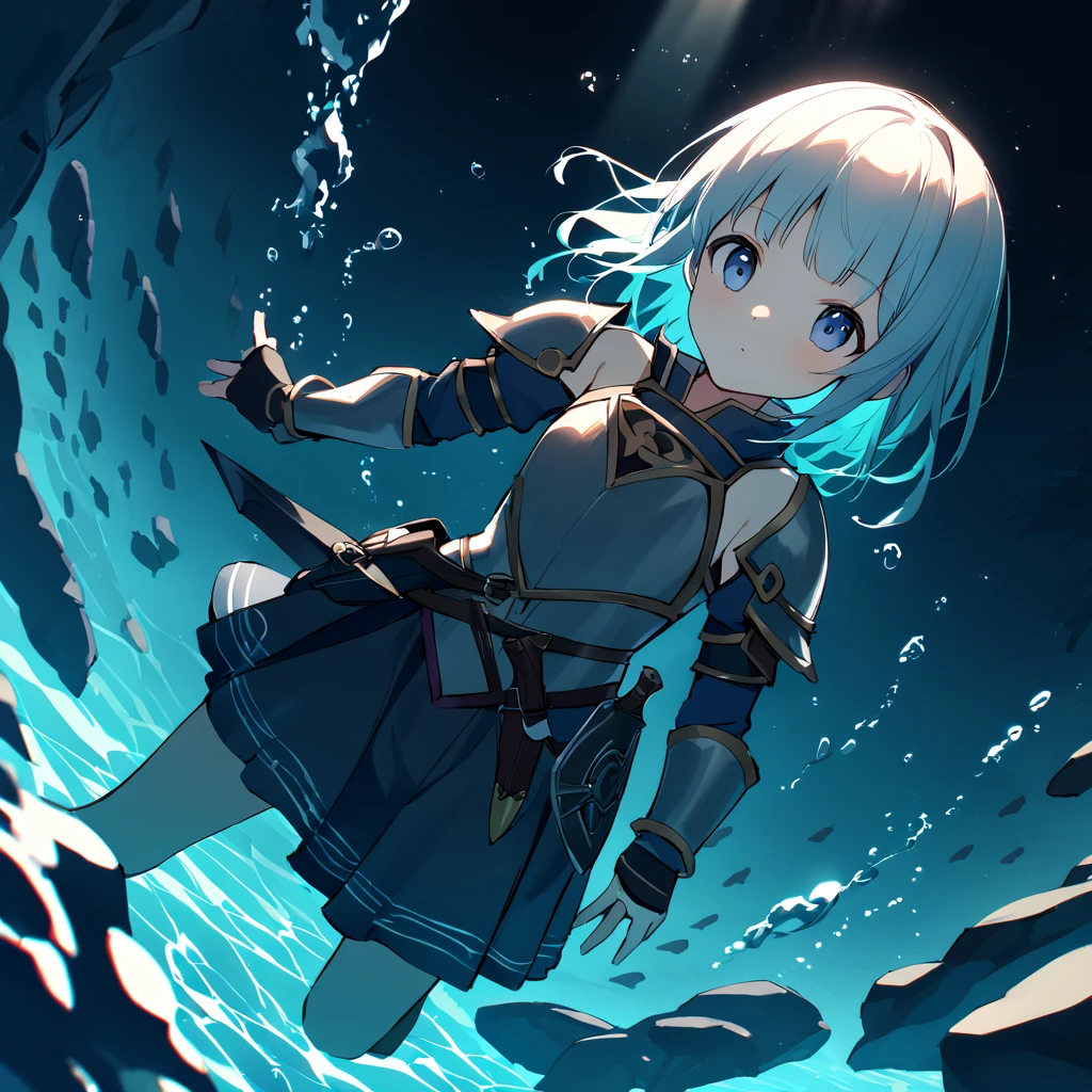 最high quality、high quality、Simple cloth armor、8-year-old、Adventurer、Flat Chest、Pitch-dark underground labyrinth、No light、skirt、Equipped with a dagger and a shield、Face above water、Body in water, Underwater Photography、浮力でskirt捲れる