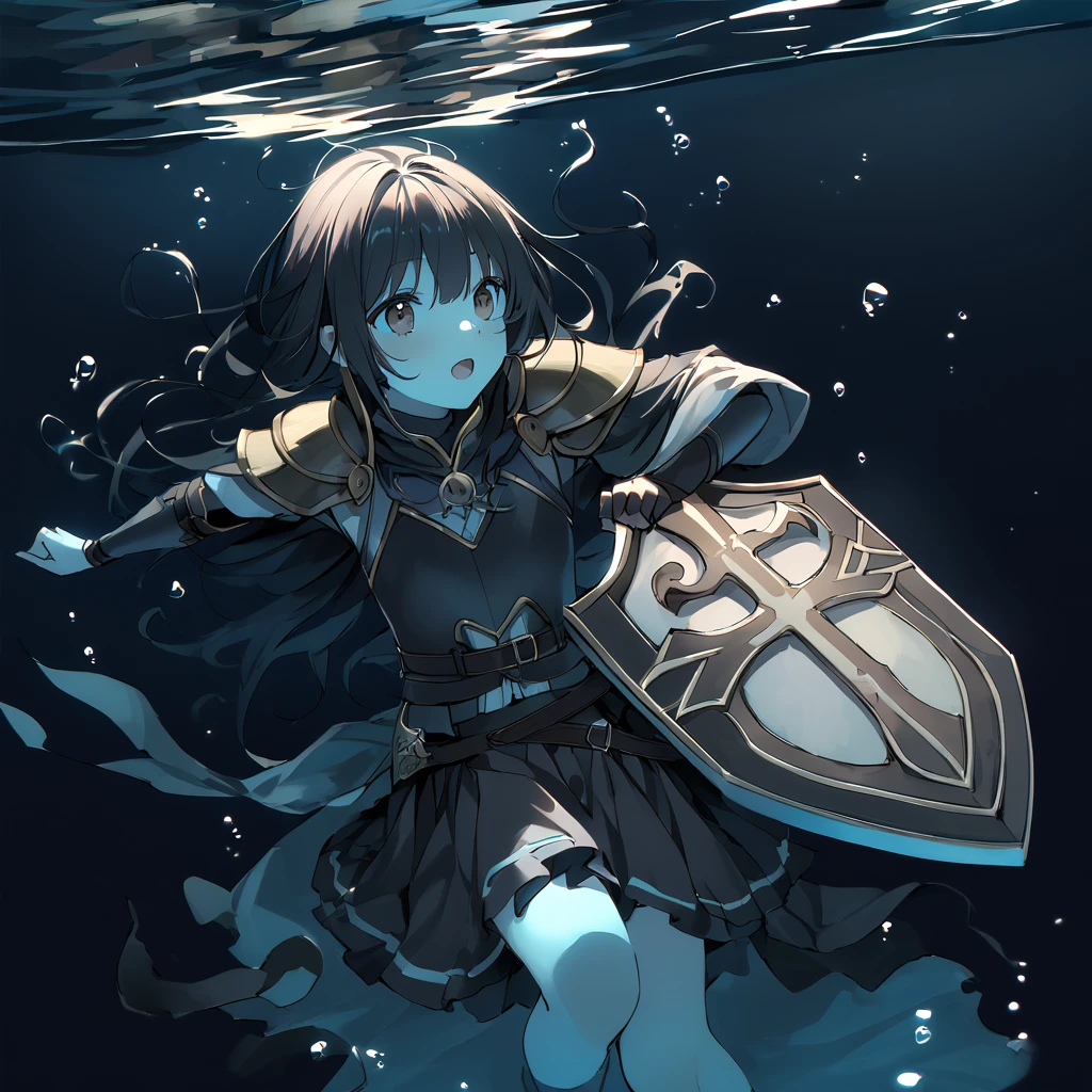最high quality、high quality、Simple cloth armor、8-year-old、Adventurer、Flat Chest、Pitch-dark underground labyrinth、No light、skirt、Equipped with a dagger and a shield、Face above water、Body in water, Underwater Photography、浮力でskirt捲れる