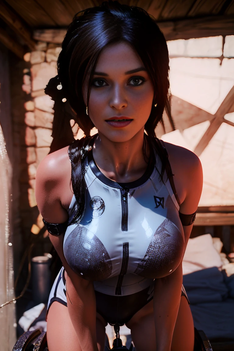 (8K、ultra high resolution、highest quality、masterpiece、realistic、ultra high resolution:1.2)、High-definition RAW color photo、professional photos、 (whole body:0.8)、(realistic、photo realistic、motion blur:1.2)、(big breasts、Always have a firm butt、beautiful butt、big ass、toned body:1.2)、((Always colorful and very shiny mountain bike racing uniform、A beautiful Lara Croft who always rides her white dildo dynamically:1.3))(Straddle the saddle(saddle with white dildo、insert white dildo in pussy) Copeous amounts of love juice dripping down the dildo. Bright colors、vivid lighting、scenic downtown:1.2)(natural skin texture、fine skin、hyper realism、intricate details、Depth of the bounds written、adult woman、(masterpiece、highest quality、high detail))、smile happily、Big eyes、Clear double eyelids、perfect face、small face(look at the viewer、eye highlights、lip gloss have short black bob、Helmet)