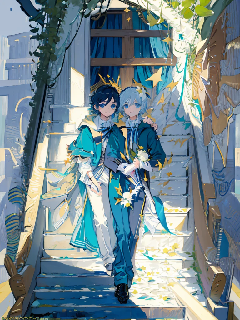 Venti genshi impact flat colors card cover blue colors golden frame boy with a book in his hands stars and elements like white flowers around