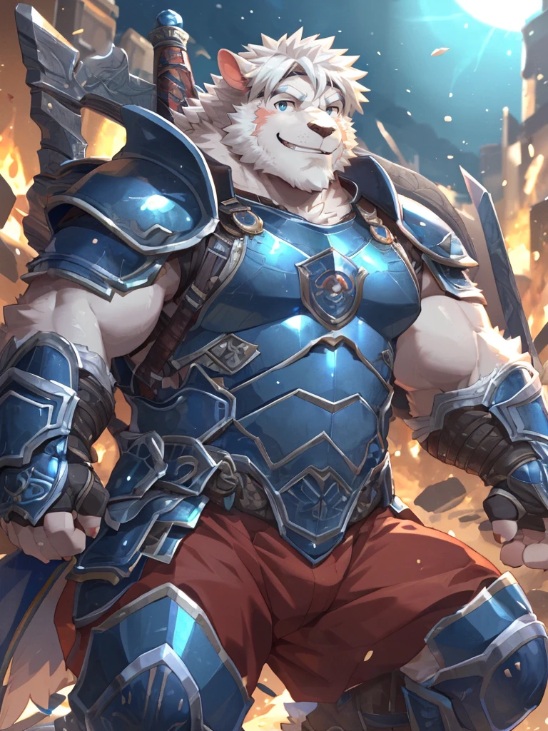 anthro, kemono, male, solo, ((oval face, very handsome face, thick beard)), ((endomorph body type, old-aged)), (high quality, highres, masterpiece), (dynamic lighting, vivid color), (generous smile), cartoon, (((a furry sheep))), (((white fur))), (((shoulder long silky white hair))), (((handsome, slim fit, small face, ikemen))), paladin, (((white sheep))), ((dark blue armor)), full body, tall, (((white smooth hair))), sword and shield, mature, dad, full armor, by zixiong, by takemoto arashi, by zixiong, (by null-ghost:0.8), (by t.y.stars:0.4)
