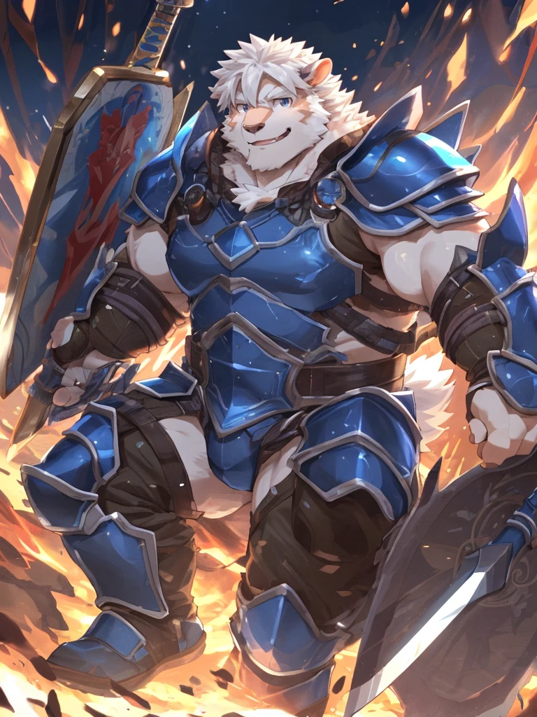 anthro, kemono, male, solo, ((oval face, very handsome face, thick beard)), ((endomorph body type, old-aged)), (high quality, highres, masterpiece), (dynamic lighting, vivid color), (generous smile), cartoon, (((a furry sheep))), (((white fur))), (((shoulder long silky white hair))), (((handsome, slim fit, small face, ikemen))), paladin, (((white sheep))), ((dark blue armor)), full body, tall, (((white smooth hair))), sword and shield, mature, dad, full armor, by zixiong, by takemoto arashi, by zixiong, (by null-ghost:0.8), (by t.y.stars:0.4)