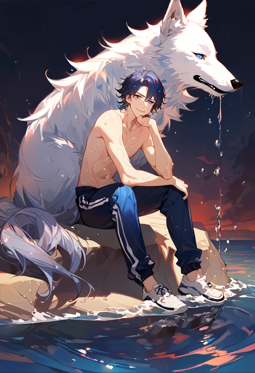 solo, ((male with short dark blue hair with red strip hair and dark blue hair with red gradient), (bare chest), (topless), (muscle), ( jogger pants), (wet), (dripping wet body and hair), (water dripping), (sitting), (one hand rest on the knee), (big white wolf resting on the back)), (bangs), (blue eyes with red gradient), (pale skin), (smirk), ((high quality)), (extremely detailed),8k, 4k, clean line art, detailed line art, resting on the big wolf, white big wolf, simple background, water background, dark background, not bulky, no top clothes, inspired by Asukaziye artist : ask, art style : ask