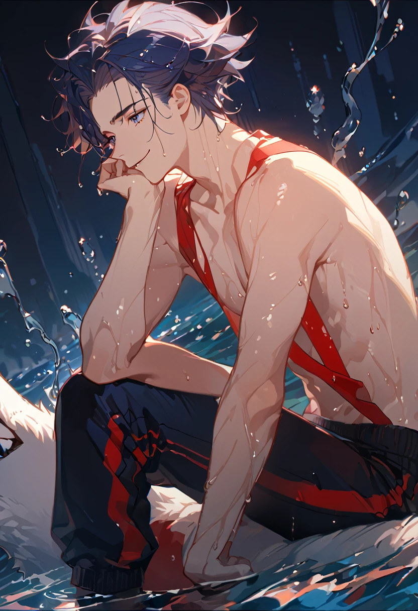 solo, ((male with short dark blue hair with red strip hair and dark blue hair with red gradient), (bare chest), (topless), (muscle), ( jogger pants), (wet), (dripping wet body and hair), (water dripping), (sitting), (one hand rest on the knee), (big white wolf resting on the back)), (bangs), (blue eyes with red gradient), (pale skin), (smirk), ((high quality)), (extremely detailed),8k, 4k, clean line art, detailed line art, resting on the big wolf, white big wolf, simple background, water background, dark background, not bulky, no top clothes, inspired by Asukaziye artist : ask, art style : ask