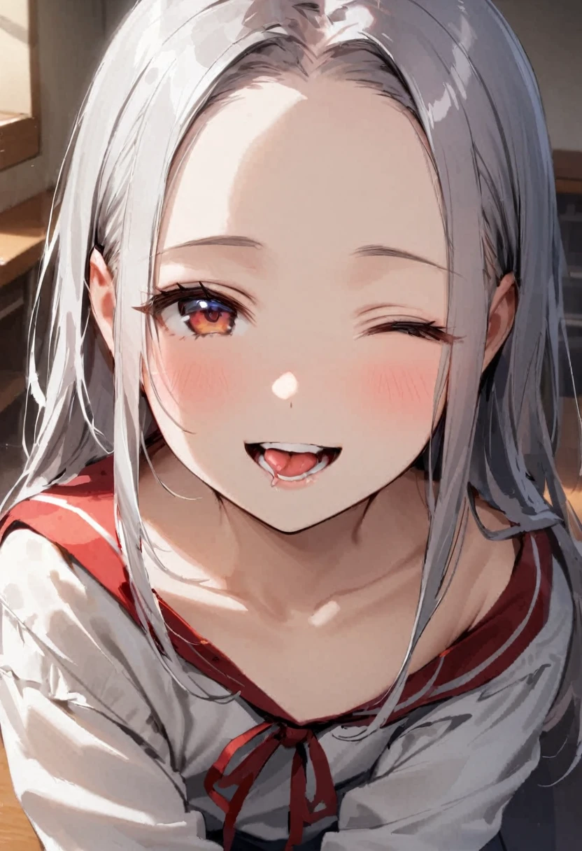 shoot from above、alone、headshot、Lick it with your tongue、Open your mouth wide、teeth、Close-up of face、primary school、School building、In the classroom、forehead、Open shoulder tops、Private Server、Girl、Girl、Short、Younger、Lower school year、Baby Face、flat chest、smile、Open one eye
