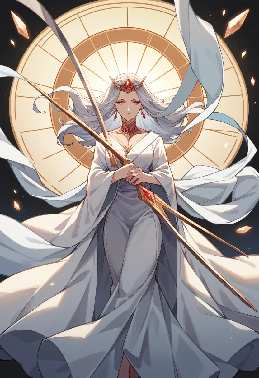 Beautiful Empress, crystal clear skin, Beautiful appearance, Her eyes are full of wisdom, As if seeing through everything in the world, Wearing a gorgeous white robe, Holding a long sword, The robe flutters in the breeze,Silver hair flutters in the wind, The white robe perfectly outlines the graceful figure, Personable、Country style, Like a flawless fairy
