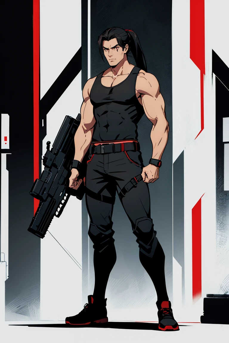 1 male, handsome, young man, tall, black hair, ponytail, red eyes, black, red, tactical tank top, white background, serious, muscular, harness, fullbody, no guns, cyberpunk, no weapons, standing,