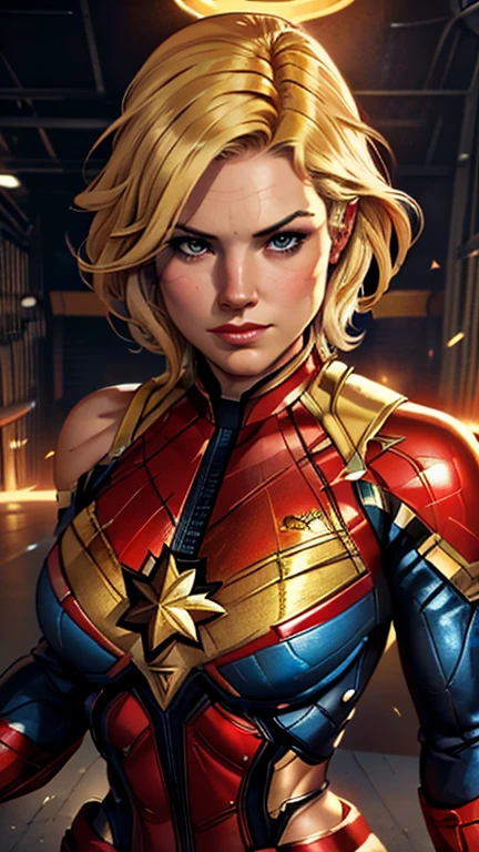 Captain Marvel(Gina Carano face), combat stance, highly detailed, vibrant appearance, creative behavior, extremly detailed, imaginative, sensual, spontaneous, short bleach blonde haircut, small round breasts, athletic physique, round ass, Captain Marvel suit, highest quality, skin texture, intricate details, (cinematic lighting), RAW photo, 8k, masterpiece,best quality,ultra-detailed,very detailed illustrations,extremely detailed,intricate details,highres,super complex details,extremely detailed 8k cg wallpaper,