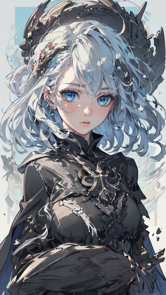 (Numerous award-winning masterpieces, with incredible details), Ultra HD, 8K, ((Extremely beautifull face)), (extremely detailed realistic face features), (beutiful light blue eyes), ((finely detailed true circle Symmetrical grey blue eyes)), (She has a meloncholic face), (A majestic sight), white hair, long flowing hair, realistic skin texture, pale skin, (realistic body: 1.8), anatomic, big brests