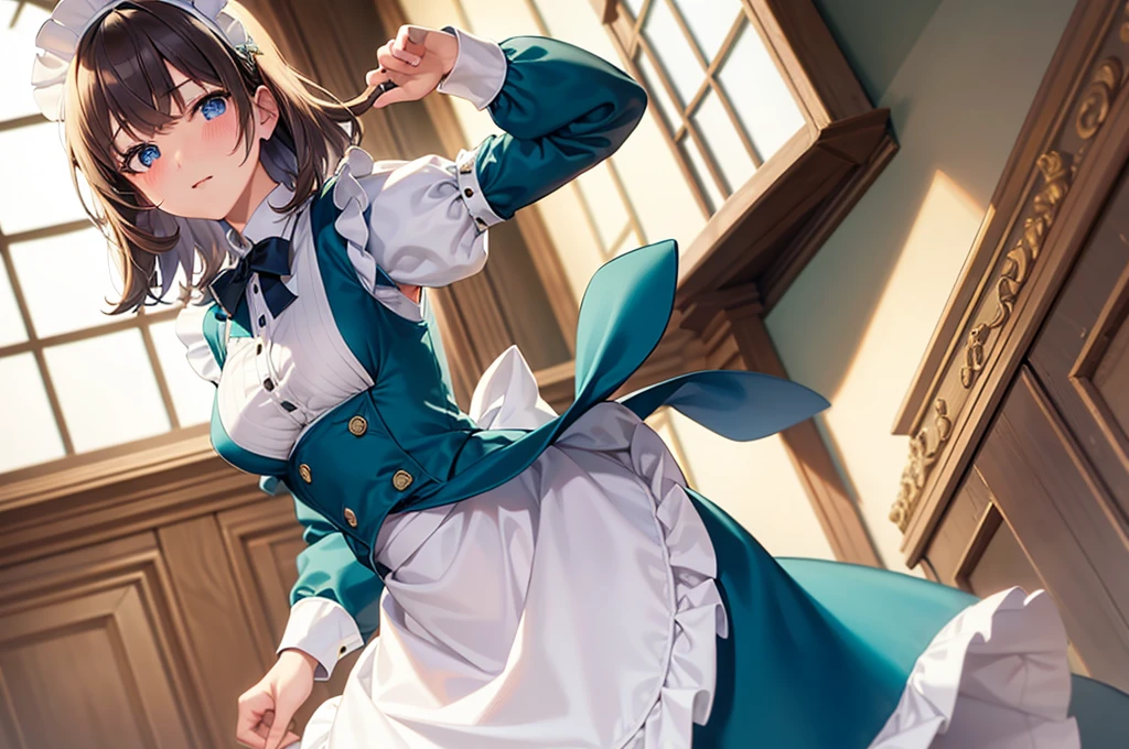 masterpiece, best quality,1girl, solo,whtie hair,medium hair,blue eyes,long sleeves,juliet sleeves,apron,maid,maid headdress,puffy sleeves,green dress,vest,buttons, white thighhighs,standing, looking at viewer, nose blush,