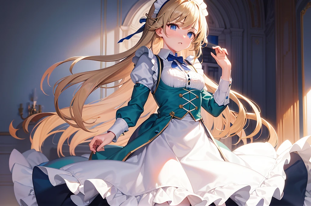 masterpiece, best quality,1girl, solo,whtie hair,medium hair,blue eyes,long sleeves,juliet sleeves,apron,maid,maid headdress,puffy sleeves,green dress,vest,buttons, white thighhighs,standing, looking at viewer, nose blush,