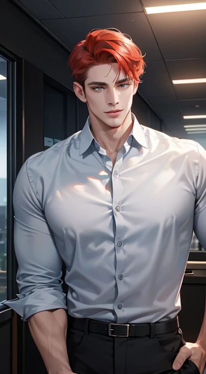 1 mature man, 32 years, handsome, short red hair, blue grey penetrating eyes, perfect face smile in love, imposing posture, businessman, office background, (best quality, masterpiece, 8K, photorealistic, cinematic lighting, hdr image, ultra detailed, beautiful image.