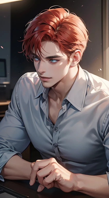 1 mature man, 32 years, handsome, short red hair, blue grey penetrating eyes, perfect face smile in love, imposing posture, businessman, office background, (best quality, masterpiece, 8K, photorealistic, cinematic lighting, hdr image, ultra detailed, beautiful image.