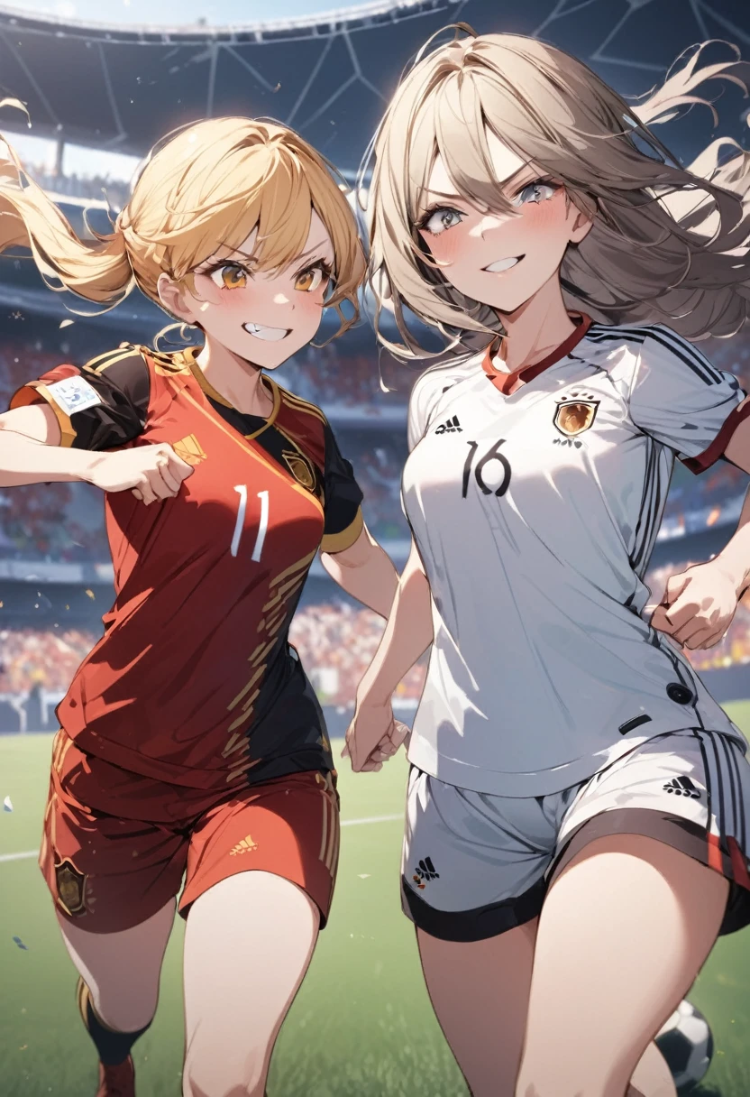 (award winning, 8k, super detailed, high resolution, best quality) , illustration about football, (two girls), girl on the left with blonde hair in ((spain soccer uniform)) and smirk expression, girl on the right with black hair in ((germany soccer uniform)) and (timid expression), (running side by side), ((beautiful girls)), football stadium, fighting spirit.
