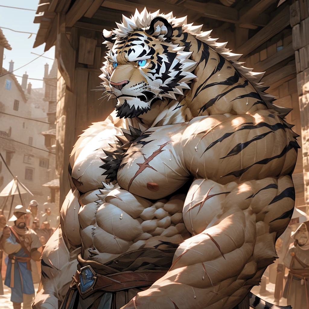 Sweating muscular man in a medieval village,Topless,With furry anthropomorphic chest hair,Serious face(scars in the face) Mature (blue eyes)Big muscles,Ripped abdominal muscles,Wild General,Ambitious,Consider,Uncle vicissitudes,White Tiger