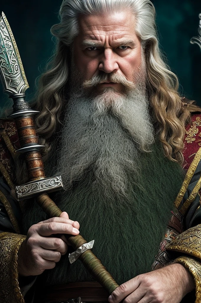 ((best quality)), ((masterpiece)), (detailed), perfect A group of 4 kings gather The 1 king is older and has long silvery white hair and a low silvery white beard, In his hands he holds a white flail with a blue tip.
The second king is very fat and has a beard and brown hair., have rosier cheeks, in his hands he holds a war hammer.
The third king has a grumpy face, has long red hair and a trimmed red beard, holds in his hands a bloody ax The fourth king is a little taller, has long black hair, no beard and paler skin, holds in his hands a shining green sword.
In the background a crystal kingdom.