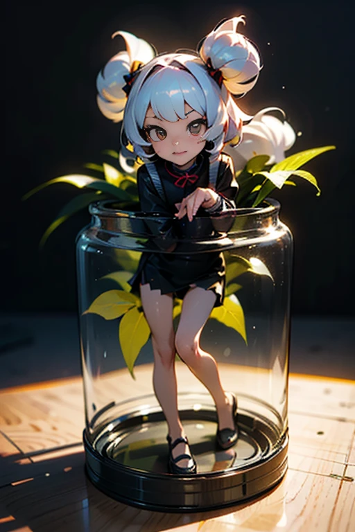 3D-illustration of a very cute girl figure in a jar, Masterpiece((must)), Palm-sized, cute, The face is dense((must)), Ilya Kuvshinov style