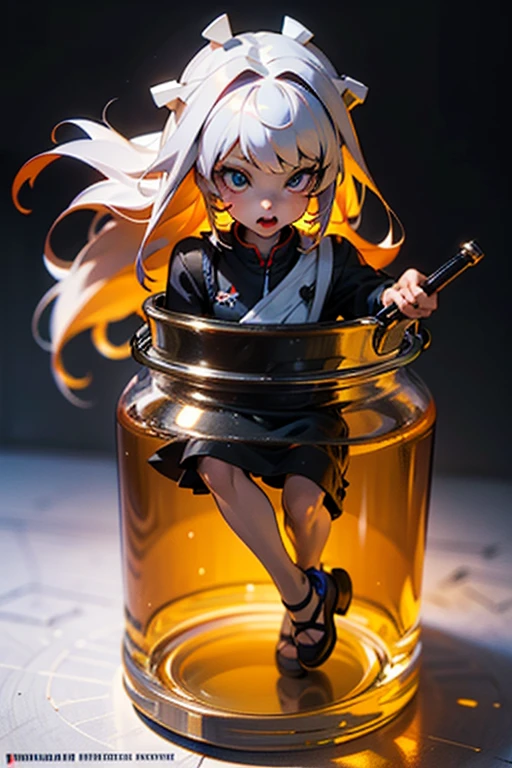 3D-illustration of a very cute girl figure in a jar, Masterpiece((must)), Palm-sized, cute, The face is dense((must)), Ilya Kuvshinov style