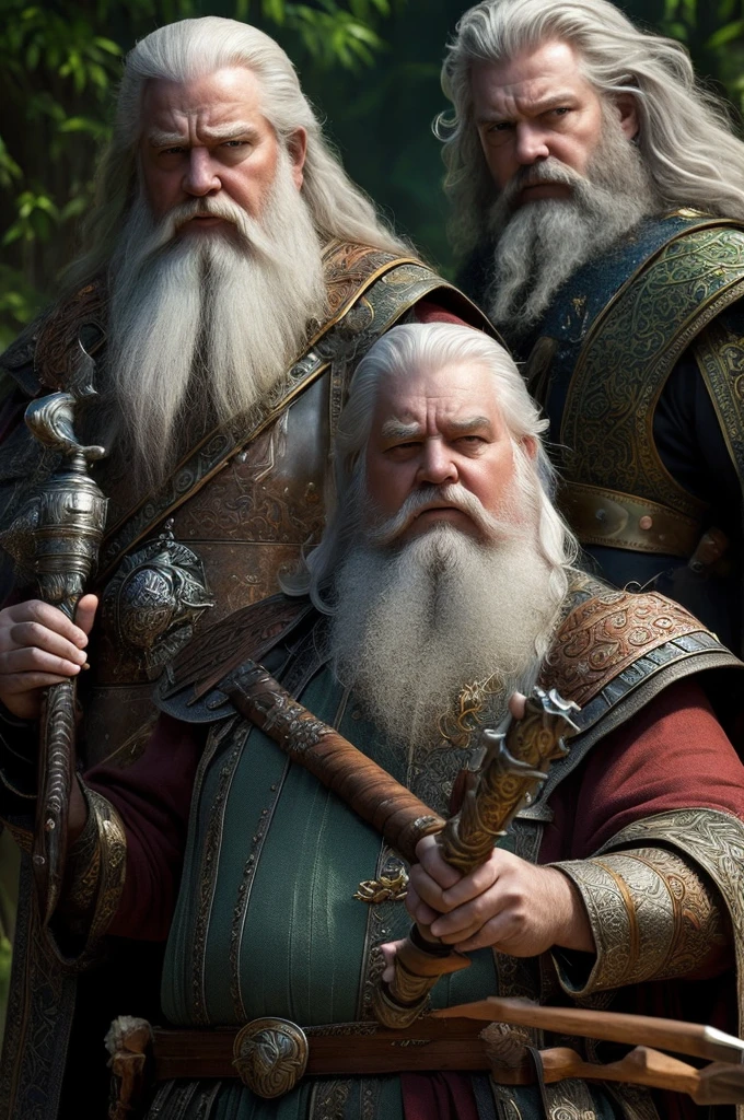 ((best quality)), ((masterpiece)), (detailed), perfect A group of 4 kings gather The 1 king is older and has long silvery white hair and a low silvery white beard, In his hands he holds a white flail with a blue tip.
The second king is very fat and has a beard and brown hair., have rosier cheeks, in his hands he holds a war hammer.
The third king has a grumpy face, has long red hair and a trimmed red beard, holds in his hands a bloody ax The fourth king is a little taller, has long black hair, no beard and paler skin, holds in his hands a shining green sword.
In the background a crystal kingdom.