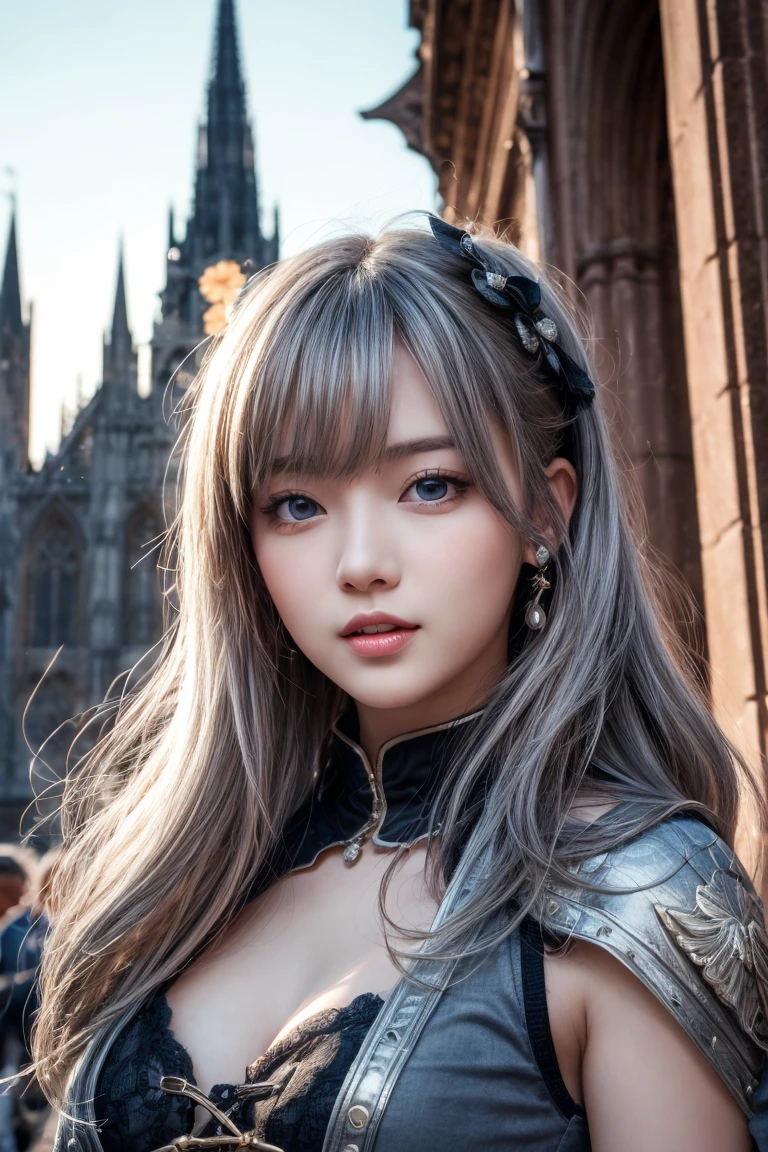 ((masterpiece)), ((best quality)), (ultra-detailed), ((kawaii)), cute, ((lovely)), ((extremely detailed)), 4K, (8K), best quality, (beautiful), illustration, romanesque architecture, cathedral:1.3, outside, BREAK, a cute girl, 1girl, solo, Japanese, body shot, dynamic pose, (middle-ages fantasy necromancer:1.3), (fantasy necromancer costume), BREAK, (round face:1.3), (beautiful gray hair:1.3), (long hair:1.3), ((beautiful hair)), tareme:1.5, beautiful blue eyes, ((beautiful eyes)), white teeth, smile, blush