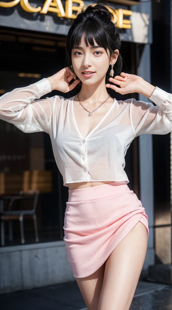 8k, masterpiece, RAW photo, best quality, photorealistic, extremely detailed CG unity 8k wallpaper, Depth of field, Cinematic Light, Lens Flare, Ray tracing, (extremely beautiful face, beautiful lips, beautiful eyes), intricate detail face, ((ultra detailed skin)) 1girl, in the dark, deep shadow, pretty hinata hyuga,(very slim slender fit-muscled body:1.3), ((looking at viewer)),(big smile:1.3), (night, (neon sign), (blurry background), midnight, (without people in the background:1.3), white diamond earrings, bracelets, necklace, clear eyes, walking , front shot, (pale skin), face forward, (big eyes), full body shot, ((see through blouse)), (hot pink color blouse)), ((laced skirt)), (looking at viewer:1.3), very slim, huge , no bra,Hermes bag, mini skirt, updo hair, short hair, teeth