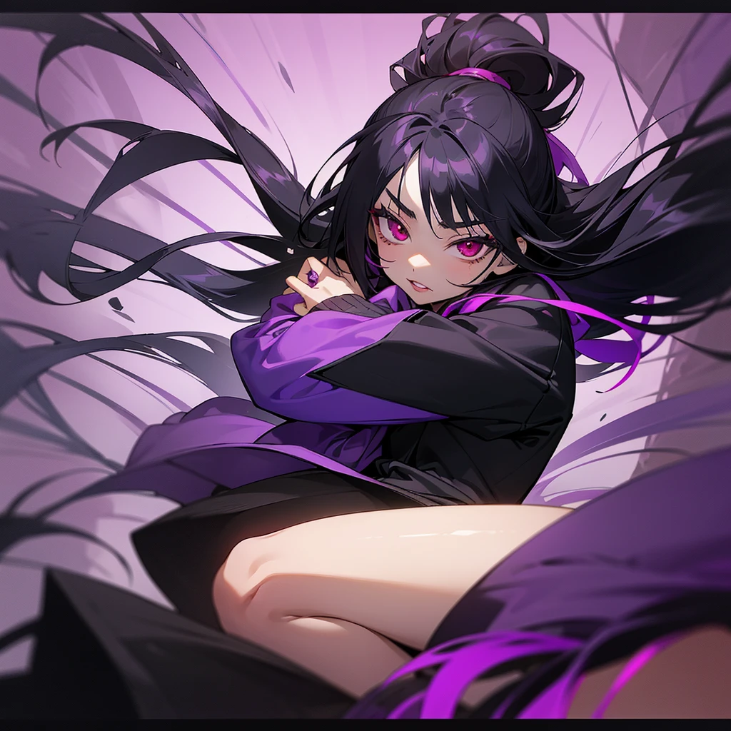 Appearance: Kyoko is a 14 years old that has long, flowing black hair with a purple tint, styled in a sleek and elegant manner. Her piercing red eyes are framed by thick lashes, she is often seen with dark, bold lipstick that highlights her full lips. Kyoko wear black and purple pullover that is always too big for Her and black short.