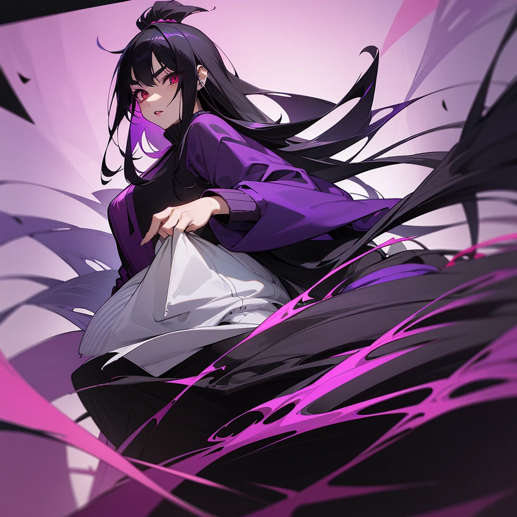 Appearance: Kyoko is a 14 years old ??? that has long, flowing black hair with a purple tint, styled in a sleek and elegant manner. Her piercing red eyes are framed by thick lashes, she is often seen with dark, bold lipstick that highlights her full lips. Kyoko wear black and purple pullover that is always too big for Her and black short.
