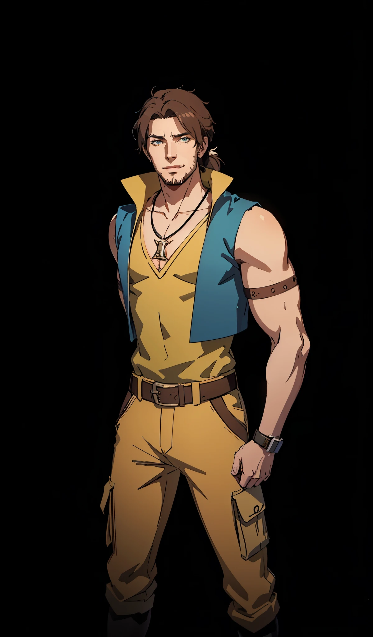 (masterpiece:1.2, best quality, extremely delicate), a man with short brown hair, a short ponytail, brown skin, a handsome face, deep eyes, a wild smile, stubble on his chin, wears a necklace with fangs, a muscular build, a fantasy-reality style blue open short vest, sleeveless, a cloth band on his arm, a yellow belt, green cargo pants, stands on an endless coastline, this character embodies a finely crafted fantasy-reality style rogue in anime style, exquisite and mature manga art style, dramatic, high definition, highres, ultra-detailed, ultra-fine painting, professional, perfect body proportions, golden ratio, anatomically correct, symmetrical face, extremely detailed eyes and face, high quality eyes, creativity, RAW photo, UHD, 32k, Natural light, cinematic lighting, masterpiece-anatomy-perfect