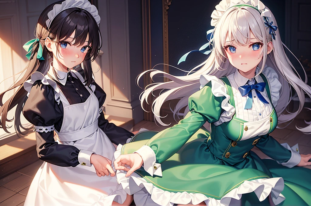 masterpiece, best quality,1girl, solo,whtie hair,medium hair,blue eyes,long sleeves,juliet sleeves,apron,maid,maid headdress,puffy sleeves,green dress,vest,buttons, white thighhighs,standing, looking at viewer, nose blush,