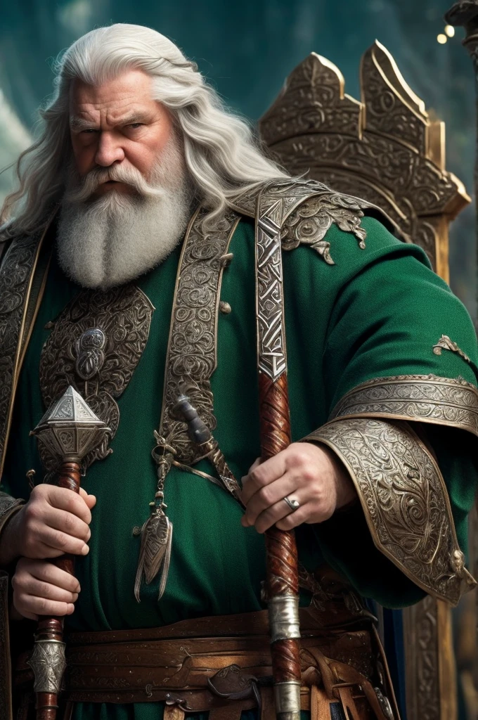 ((best quality)), ((masterpiece)), (detailed), perfect A group of 4 kings gather The 1 king is older and has long silvery white hair and a low silvery white beard, In his hands he holds a white flail with a blue tip.
The second king is very fat and has a beard and brown hair., have rosier cheeks, in his hands he holds a war hammer.
The third king has a grumpy face, has long red hair and a trimmed red beard, holds in his hands a bloody ax The fourth king is a little taller, has long black hair, no beard and paler skin, holds in his hands a shining green sword.
In the background a crystal kingdom.