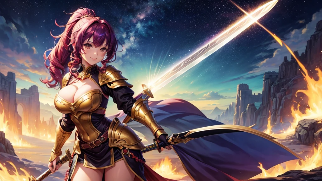 1girl, solo, full body, fantasy landscape, ((colorful hair)), curly hair, ponytail, large full breasts, armor, sword, dragon, cleavage 1:3, brown eyes, smile, looking at the viewer, standing, hair ribbon, golden necklate