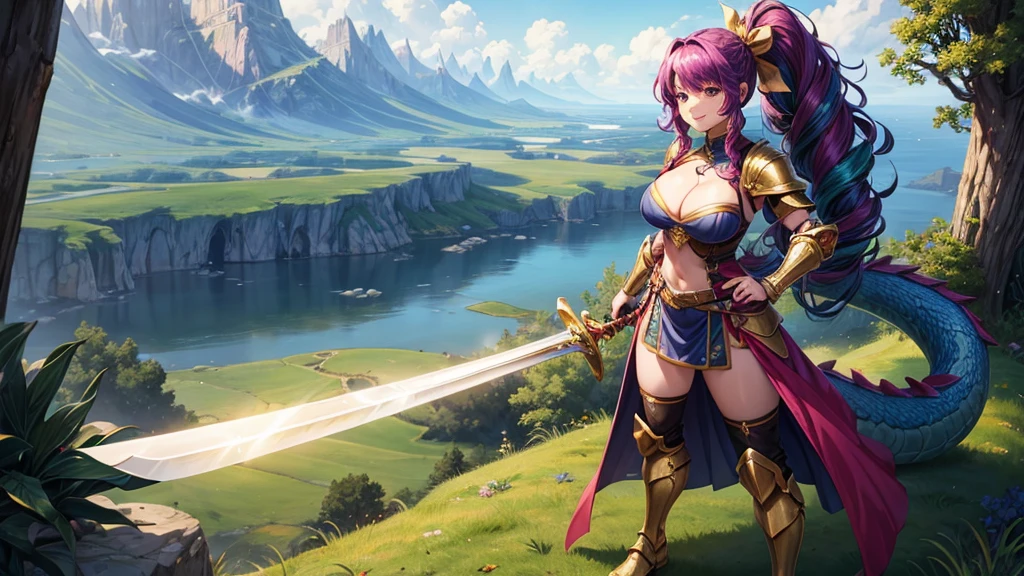 1girl, solo, full body, fantasy landscape, ((colorful hair)), curly hair, ponytail, large full breasts, armor, sword, dragon, cleavage 1:3, brown eyes, smile, looking at the viewer, standing, hair ribbon, golden necklate