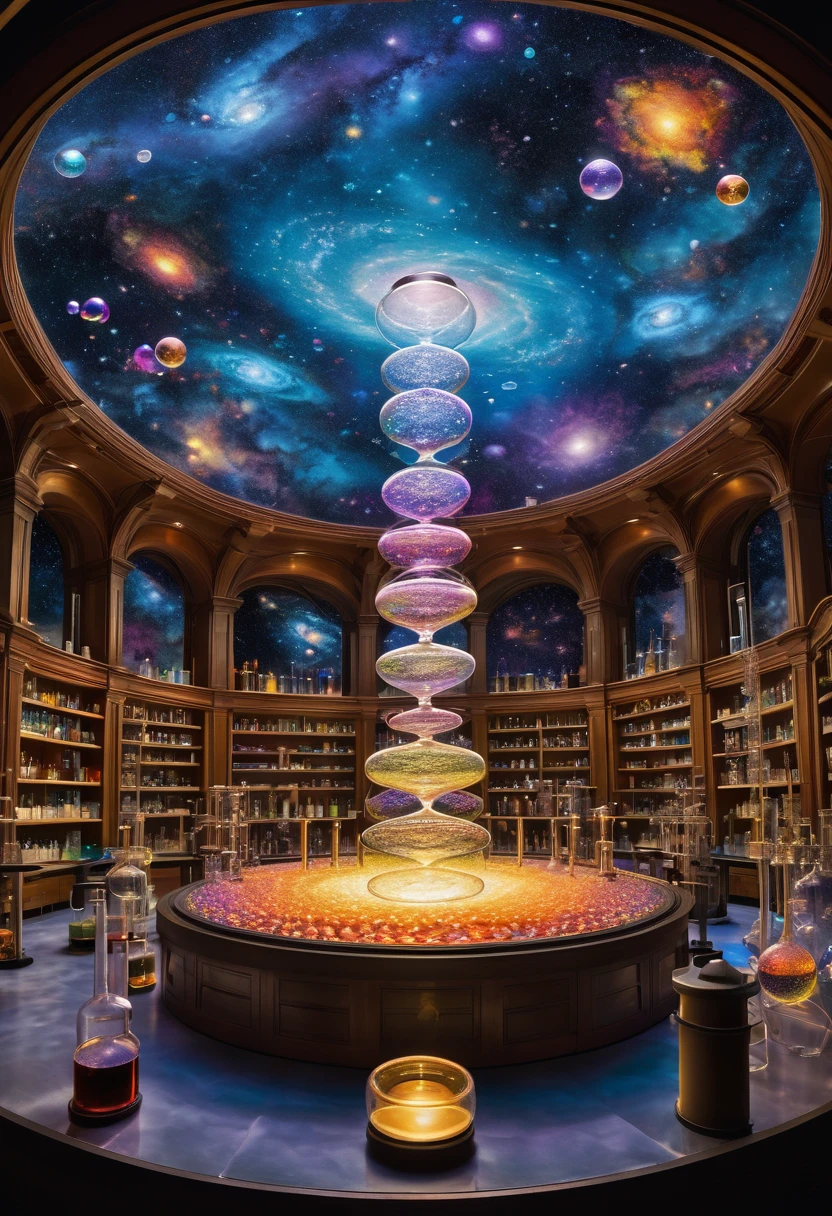Within the laboratory, a kaleidoscope of beakers radiates a captivating luminescence, illuminating intricate molecular formations. Enchanting concoctions bubble with transformation, fostering anticipation. The backdrop reveals a tapestry of galaxies, symbolizing chemistry's boundless potential in shaping our world. This scene evokes awe and curiosity, depicting chemistry's profound influence on all facets of existence.