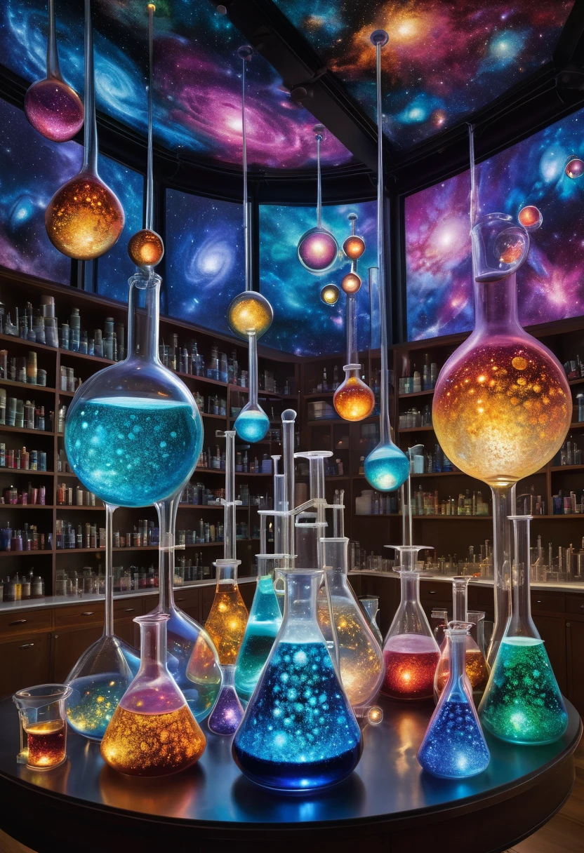 Within the laboratory, a kaleidoscope of beakers radiates a captivating luminescence, illuminating intricate molecular formations. Enchanting concoctions bubble with transformation, fostering anticipation. The backdrop reveals a tapestry of galaxies, symbolizing chemistry's boundless potential in shaping our world. This scene evokes awe and curiosity, depicting chemistry's profound influence on all facets of existence.