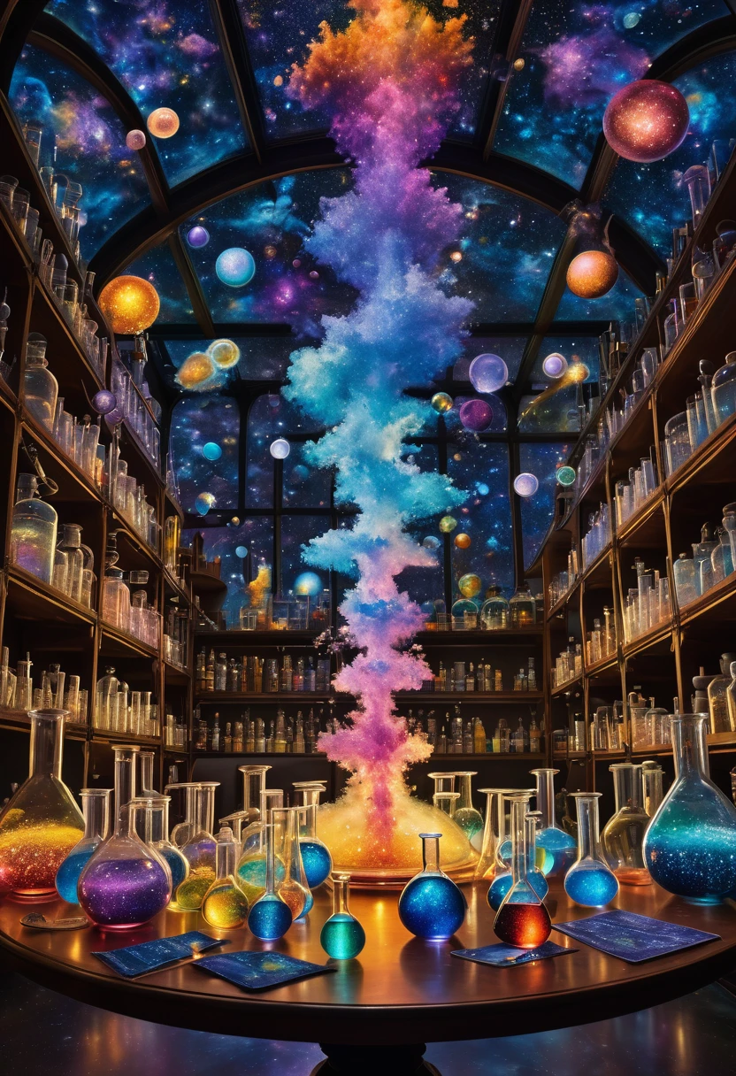 Within the laboratory, a kaleidoscope of beakers radiates a captivating luminescence, illuminating intricate molecular formations. Enchanting concoctions bubble with transformation, fostering anticipation. The backdrop reveals a tapestry of galaxies, symbolizing chemistry's boundless potential in shaping our world. This scene evokes awe and curiosity, depicting chemistry's profound influence on all facets of existence.