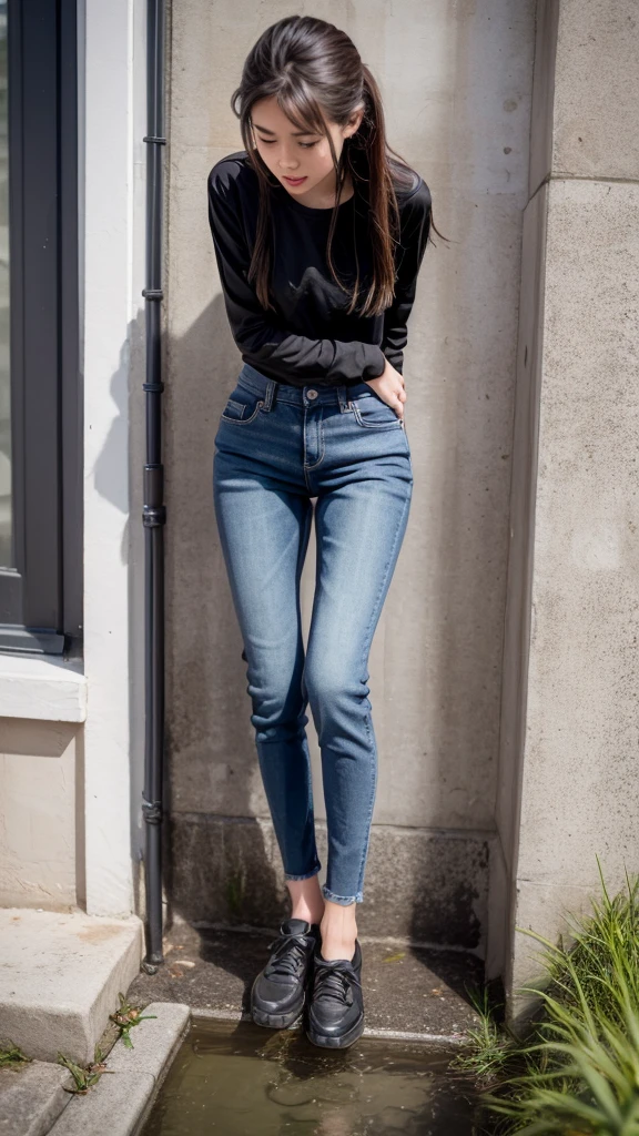 a fifteen-year-old girl wet herself (camera show us a puddle between her legs and wet pants).