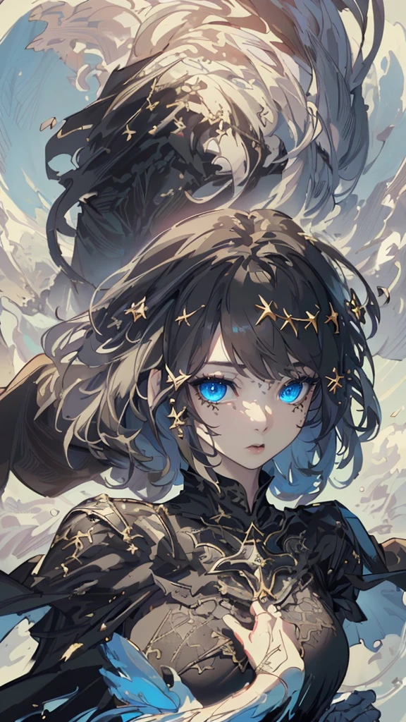 (Numerous award-winning masterpieces, with incredible details), Ultra HD, 8K, ((Extremely beautifull face)), (extremely detailed realistic face features), (beutiful light blue eyes), ((finely detailed true circle Symmetrical light blue eyes)), (She has a meloncholic face), (A majestic sight), short white hair, anatomic, small wraist with big hips, short hair, big breasts, realistic skin texture, pale skin, (realistic body: 1.8), (1girl standing in), (epic mmorpg black lace outfit: 1.5), (long black cape decorated with lace and gold: 1.5), fantasy deep background, dynamic pose, looking afar, extreamly detailed robe