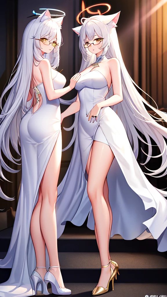 An 18 year old female angel with long, white hair, yellow eyes, white cat ears, and large white angel wings. yellow halo ring round white glasses (White evening dress, long skirt around the legs, opening at the bottom on both sides, y) hand touching lips, standing
